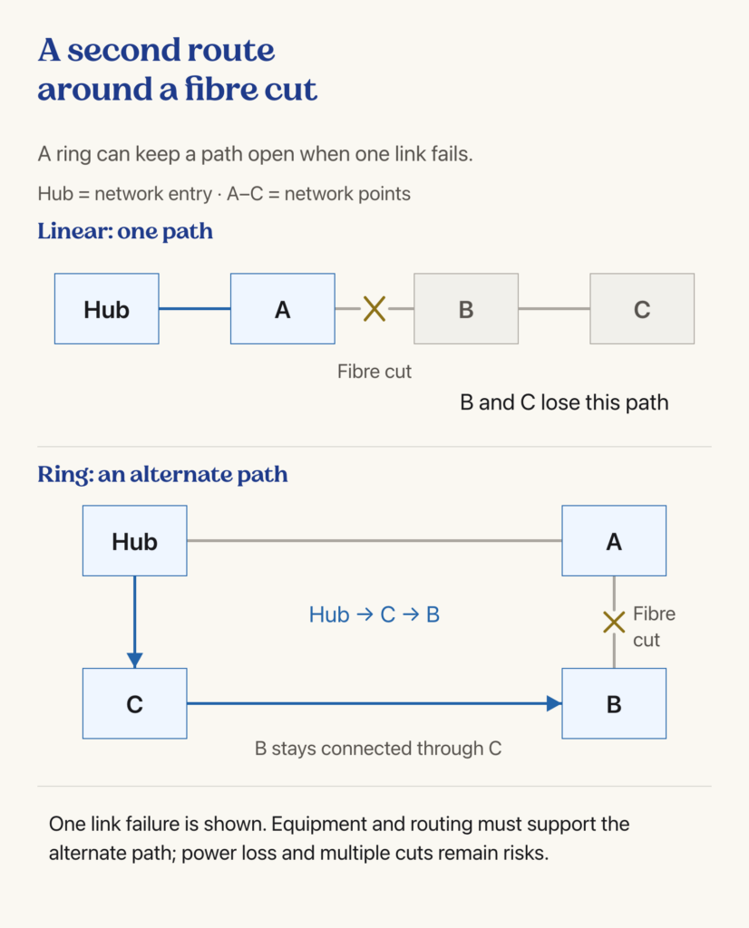 Linear and ring fibre networks after a break between A and B; the ring retains an alternate path through C