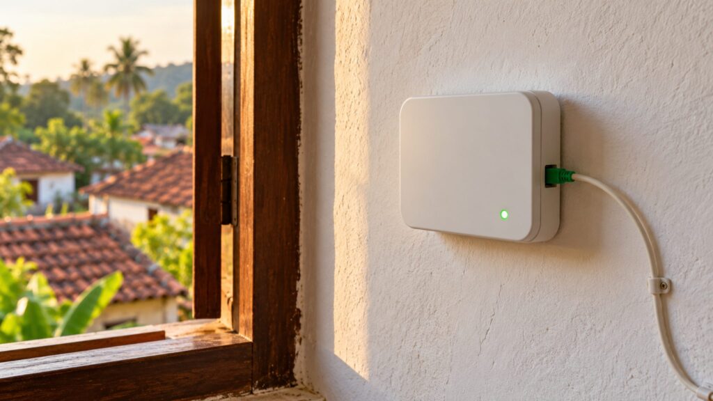 Illustrative optical network terminal and fibre cable on the wall of a rural home