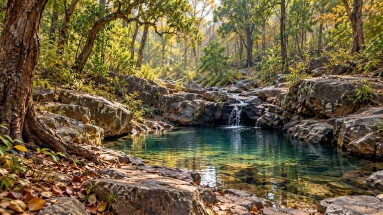 Illustrative deciduous woodland and natural spring pool
