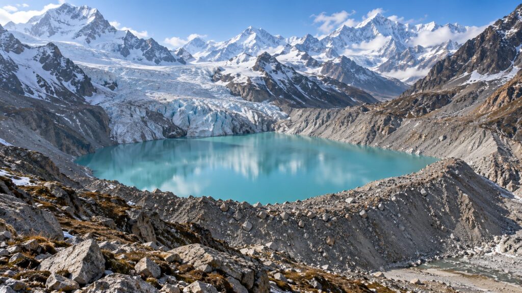 Illustrative mountain glacial lake retained by a ridge of loose moraine, with a glacier beyond.