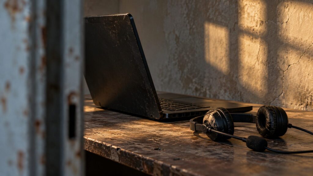 Illustrative laptop and headset in a sparse shadowed workspace