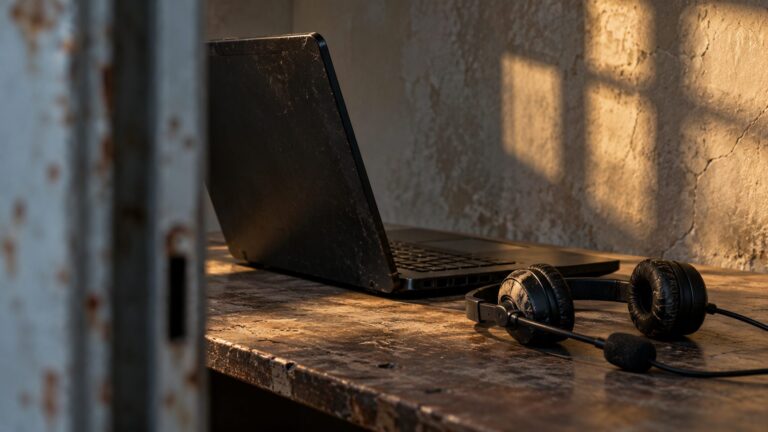 Illustrative laptop and headset in a sparse shadowed workspace