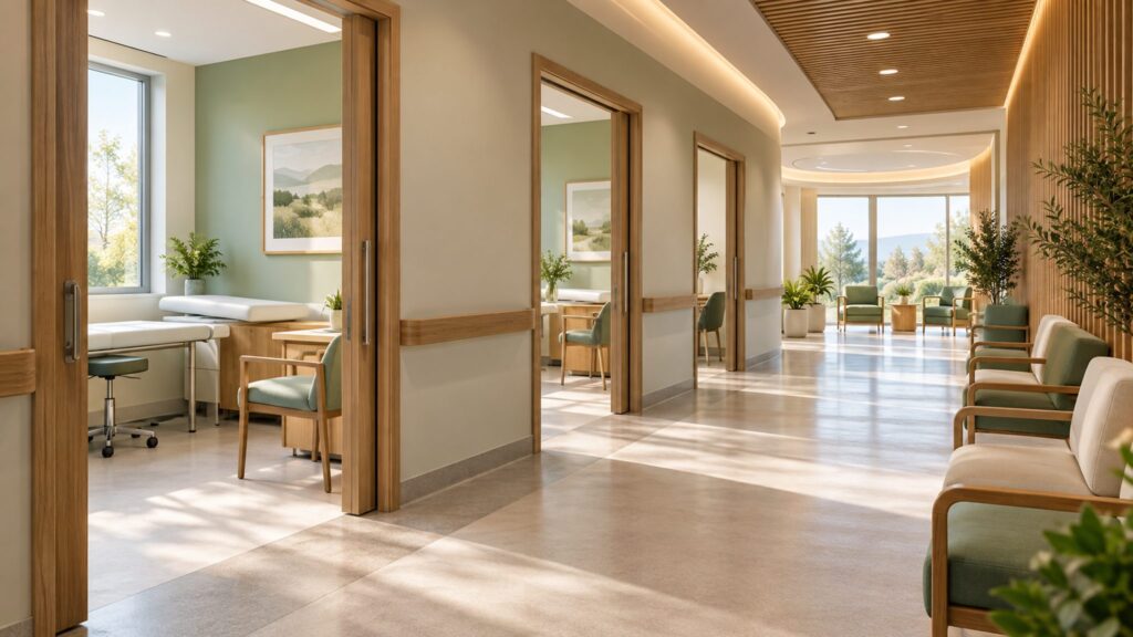 Illustrative clinical corridor with open examination-room doors
