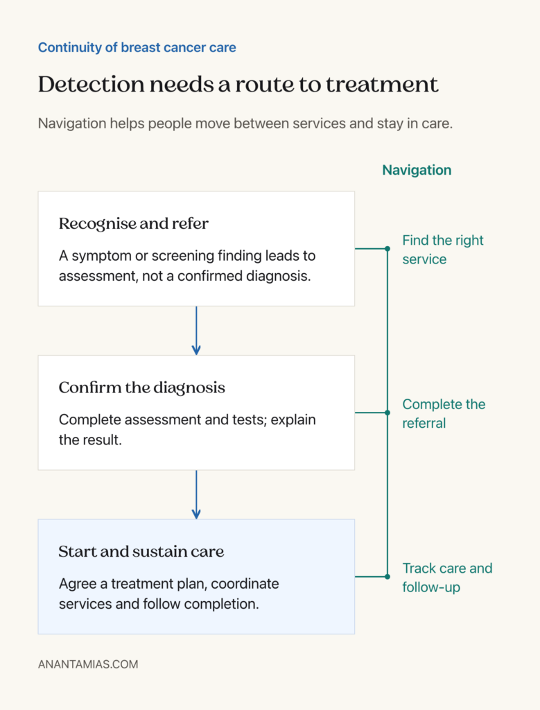Three care stages from recognising a concern through diagnosis to treatment, with navigation support at each handoff