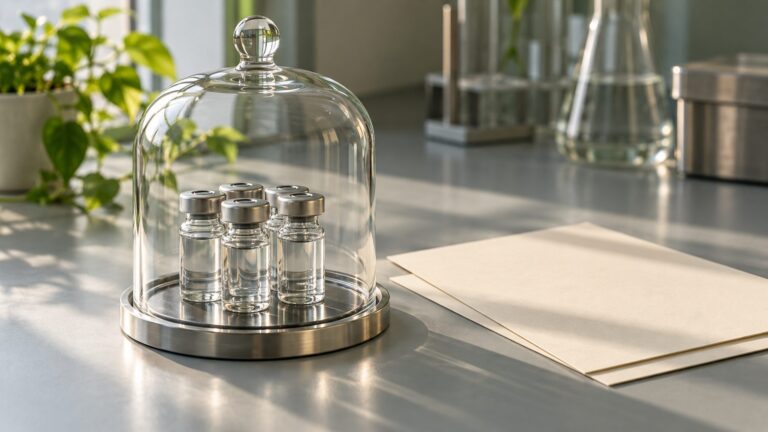 Conceptual still life of sealed unlabelled laboratory vials under glass beside blank protocol sheets