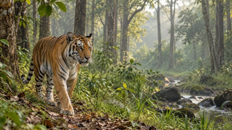 Illustrative Bengal tigress walking at the edge of a moist North Bengal forest