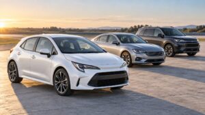 Illustrative compact hatchback, sedan and utility vehicle arranged on a vehicle testing apron