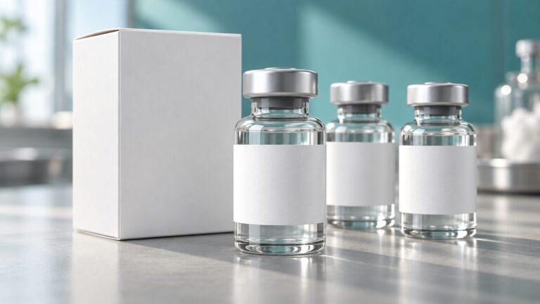 Plain injectable medicine vials beside an unmarked carton