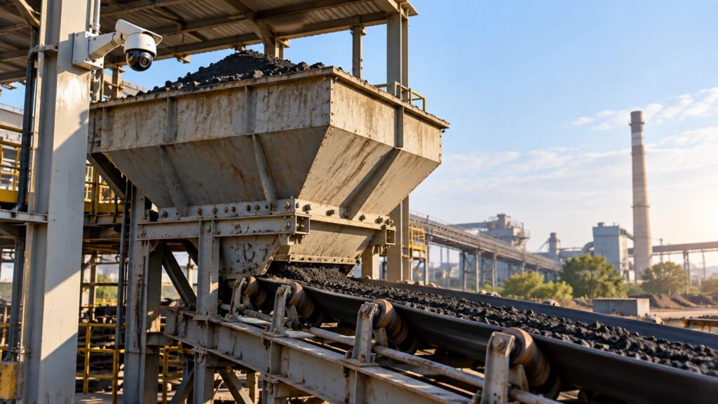 Illustrative industrial fuel-feed hopper with a surveillance camera aimed at the charging area