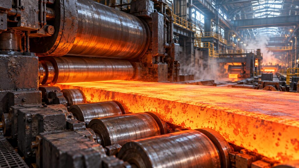 Illustrative glowing steel slab passing through rolling-mill rollers