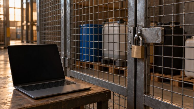 Conceptual illustration of a locked industrial storage cage with sealed containers and a blank-screen laptop outside.