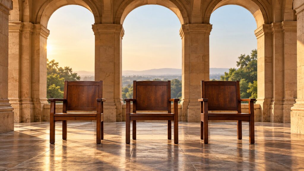 Conceptual illustration of three equal empty chairs within a sheltered stone arcade