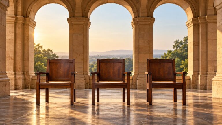Conceptual illustration of three equal empty chairs within a sheltered stone arcade