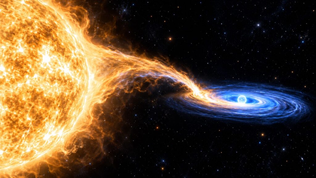 Illustrative massive-star and neutron-star binary with an accretion disk and inward streams