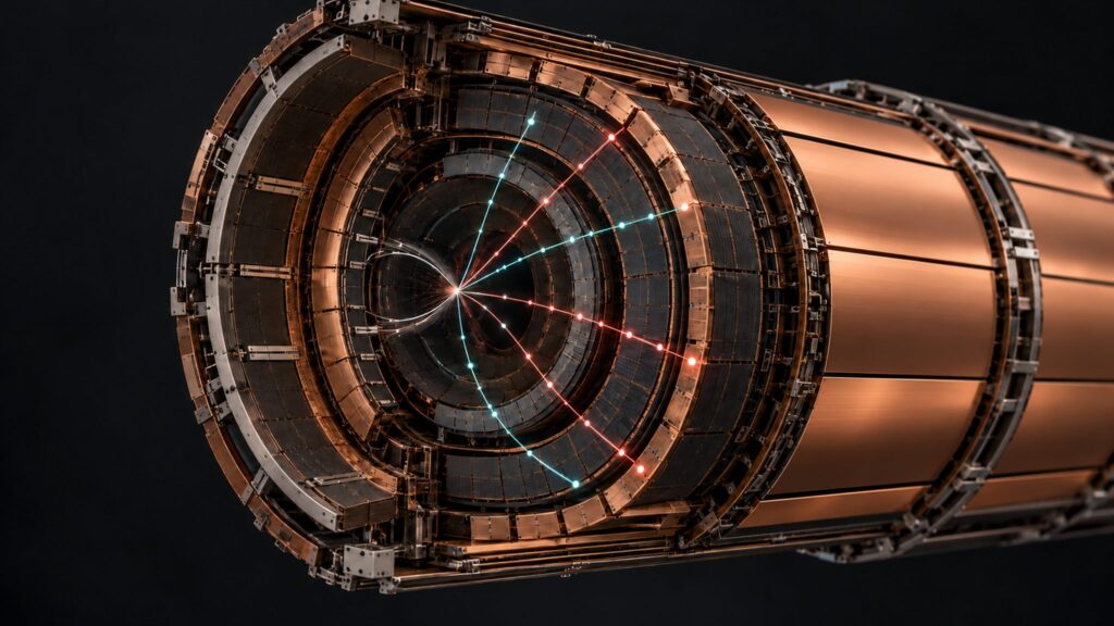 Conceptual layered particle detector with schematic outgoing particle paths