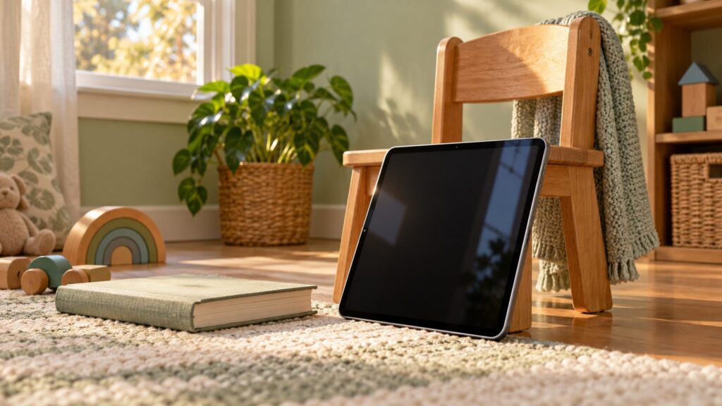 Illustrative blank-screen tablet beside a child-sized wooden chair in a learning corner