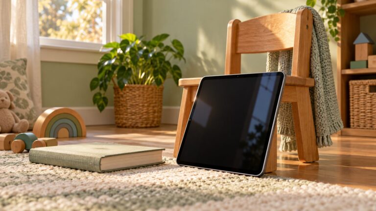 Illustrative blank-screen tablet beside a child-sized wooden chair in a learning corner