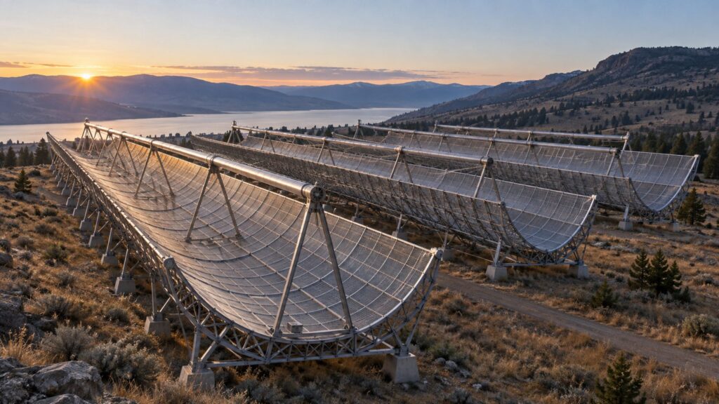 Illustrative fixed cylindrical radio telescope with parallel metal-mesh troughs at dawn