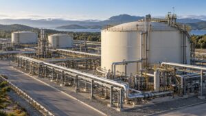Illustrative petroleum and natural gas installation with storage vessel and industrial pipes