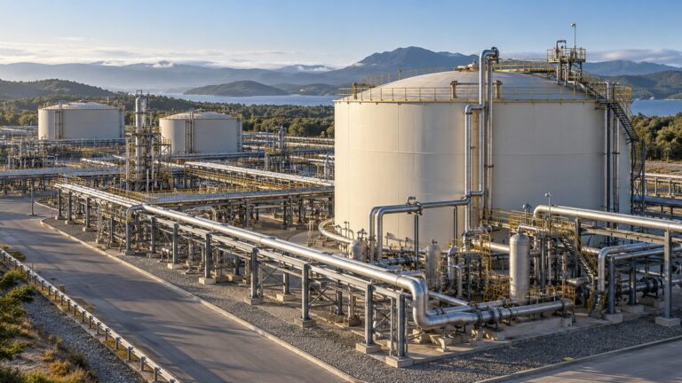 Illustrative petroleum and natural gas installation with storage vessel and industrial pipes
