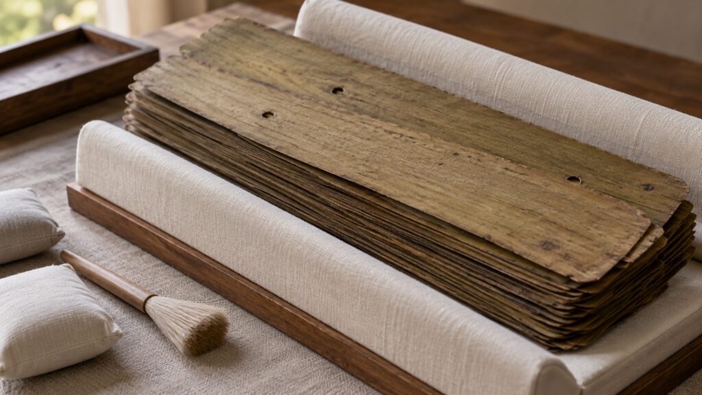 Illustrative palm-leaf manuscript bundle on a conservation support beside a soft brush