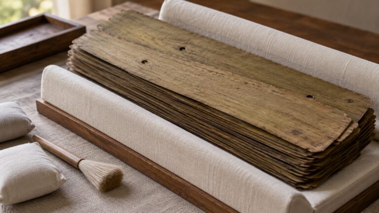 Illustrative palm-leaf manuscript bundle on a conservation support beside a soft brush