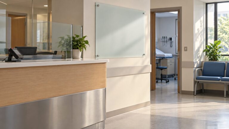 Illustrative hospital reception with a billing counter and blank information panel