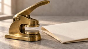 Conceptual still life of a plain brass document embosser and blank certificate