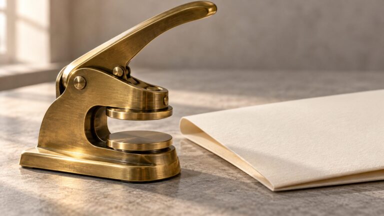 Conceptual still life of a plain brass document embosser and blank certificate