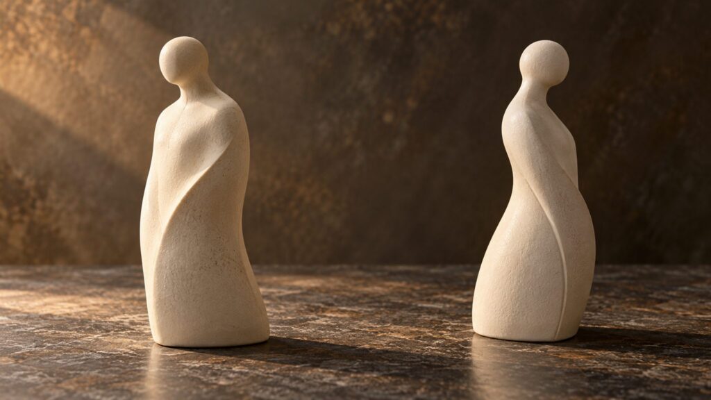 Two separate ceramic forms with distinct shadows and clear space between them