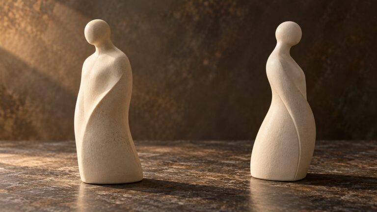 Two separate ceramic forms with distinct shadows and clear space between them