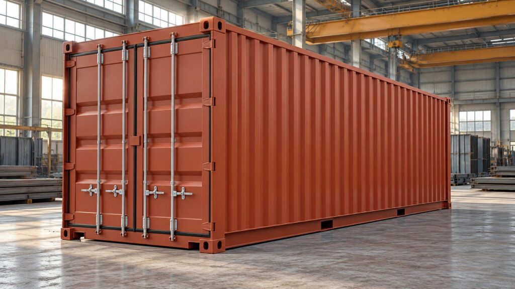 Illustrative unmarked shipping container in an industrial assembly hall