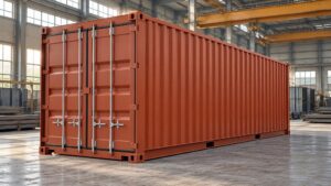 Illustrative unmarked shipping container in an industrial assembly hall