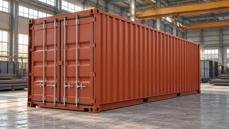 Illustrative unmarked shipping container in an industrial assembly hall