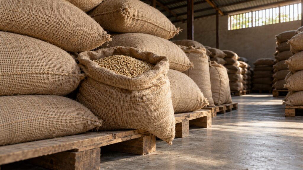 Illustrative millet-filled sack and plain grain sacks stored on pallets in a rural warehouse