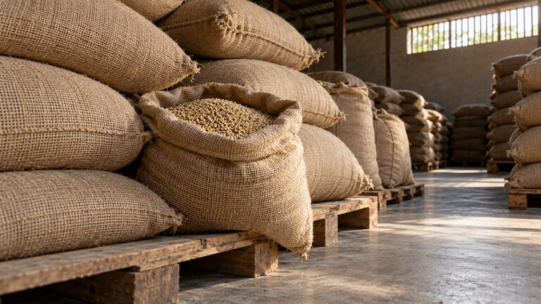Illustrative millet-filled sack and plain grain sacks stored on pallets in a rural warehouse
