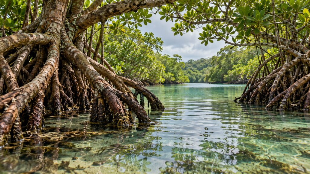 Illustrative mangrove prop roots surrounding a shallow tidal creek