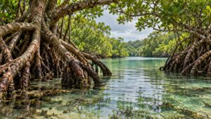 Illustrative mangrove prop roots surrounding a shallow tidal creek