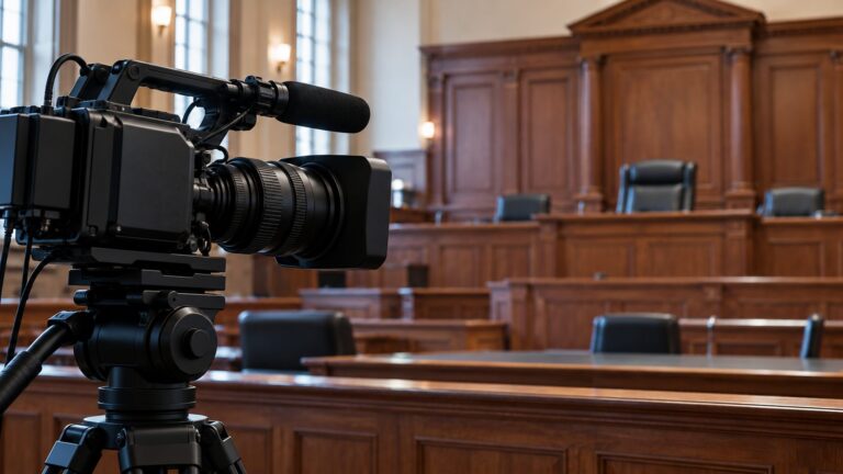 Illustrative broadcast camera facing an empty courtroom