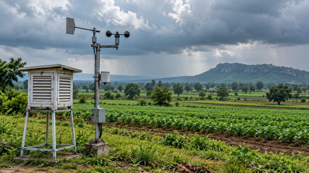 Unmarked weather-observation instruments beside cultivated fields under cloudy skies
