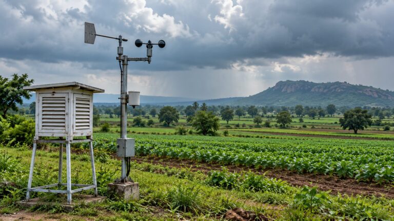 Unmarked weather-observation instruments beside cultivated fields under cloudy skies