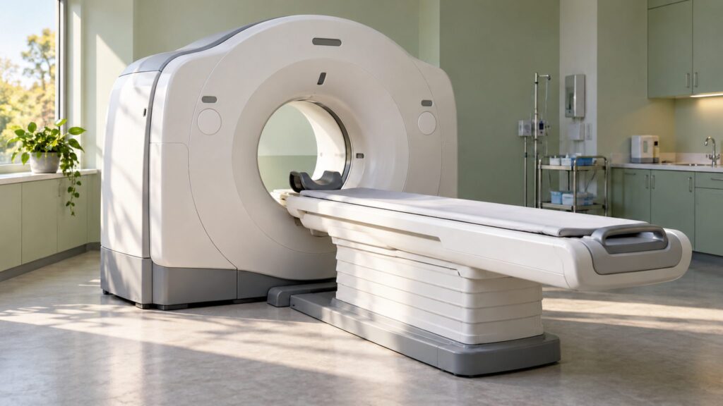 Illustrative generic CT scanner with a circular gantry and patient table in an empty imaging room
