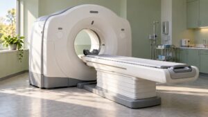 Illustrative generic CT scanner with a circular gantry and patient table in an empty imaging room