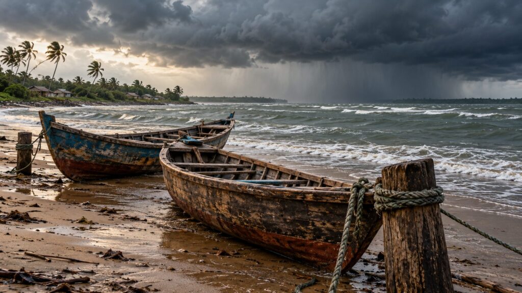 Illustrative fishing boats on a stormy coast with rain offshore