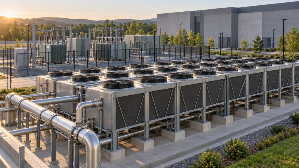 Illustrative data-centre utility yard with cooling fans and separated electrical infrastructure