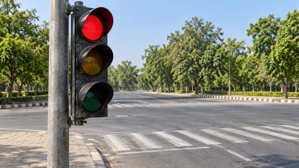 Generated illustration of a red traffic signal beside an empty tree-lined urban intersection