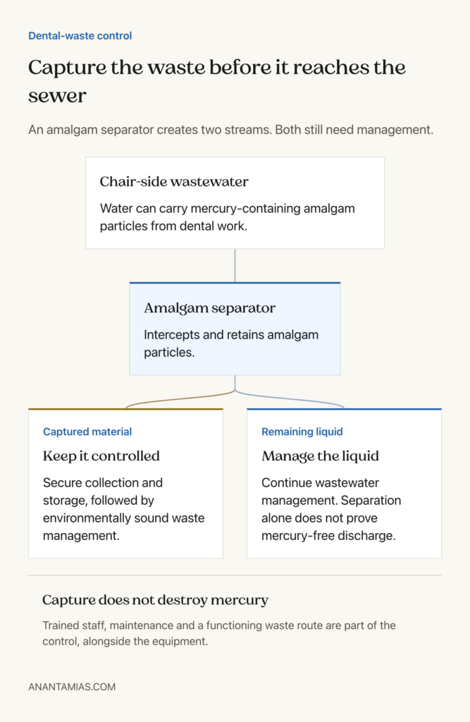 Amalgam separator branching into captured waste requiring controlled management and liquid requiring wastewater management