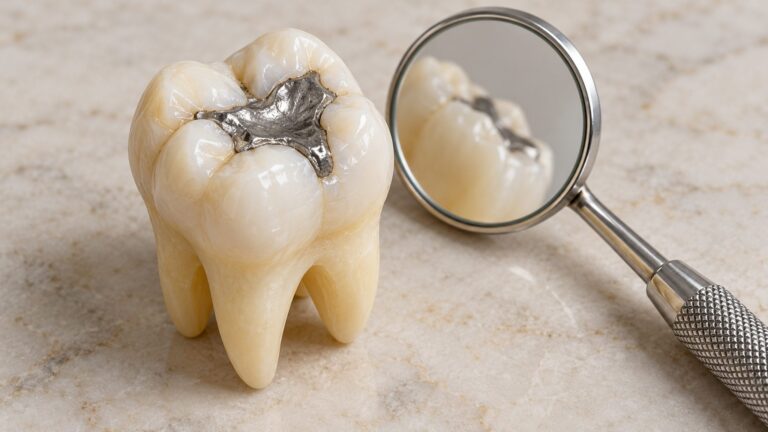 Illustrative dental teaching-model molar with a silver-colored filling and dental mirror