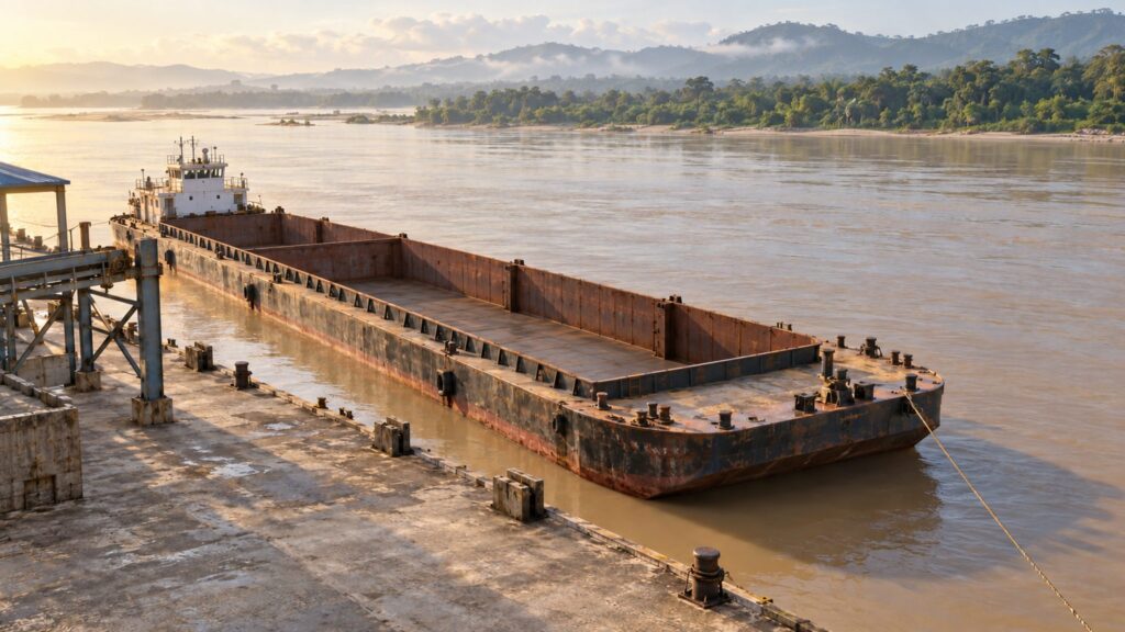 Illustrative inland cargo barge beside a river terminal on a broad brown river