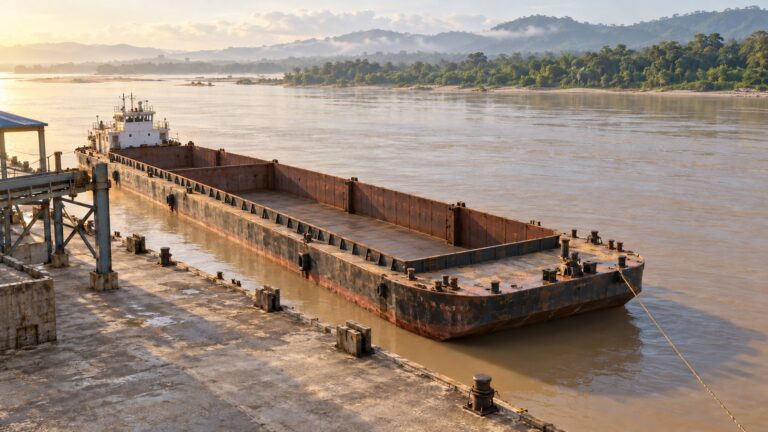 Illustrative inland cargo barge beside a river terminal on a broad brown river